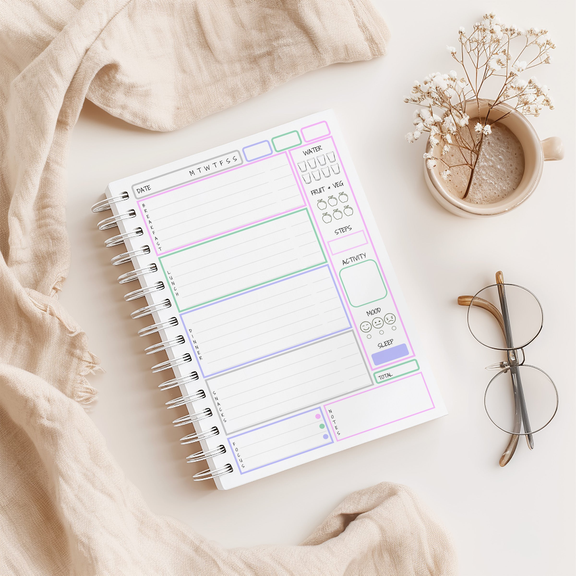 12 Week Food Diary - Pastel Self Care (Premium Hardback, pocket, stickers, bookmark.)