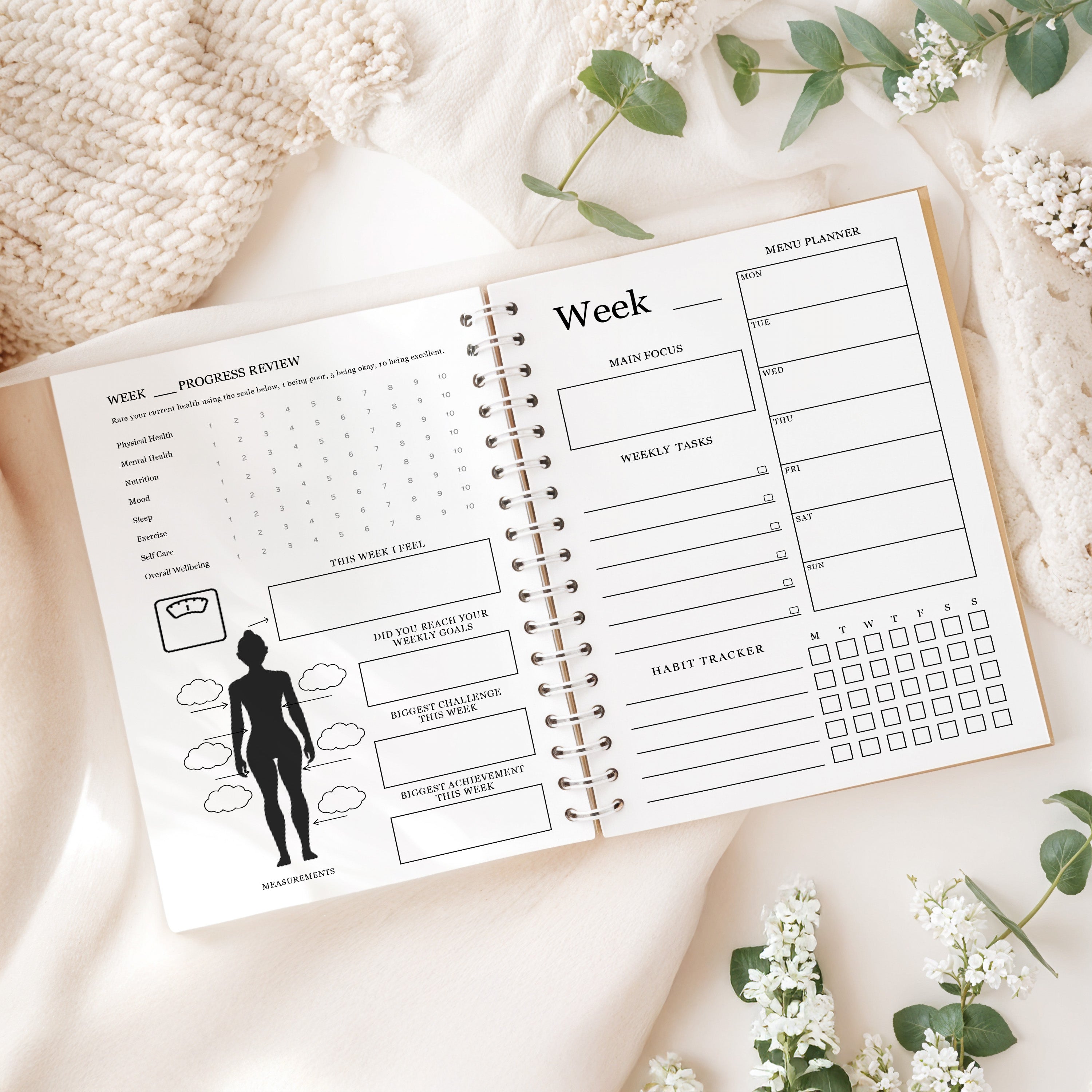 12 Month Health & Fitness Planner | Self Care Planner - Watercolour Hardback