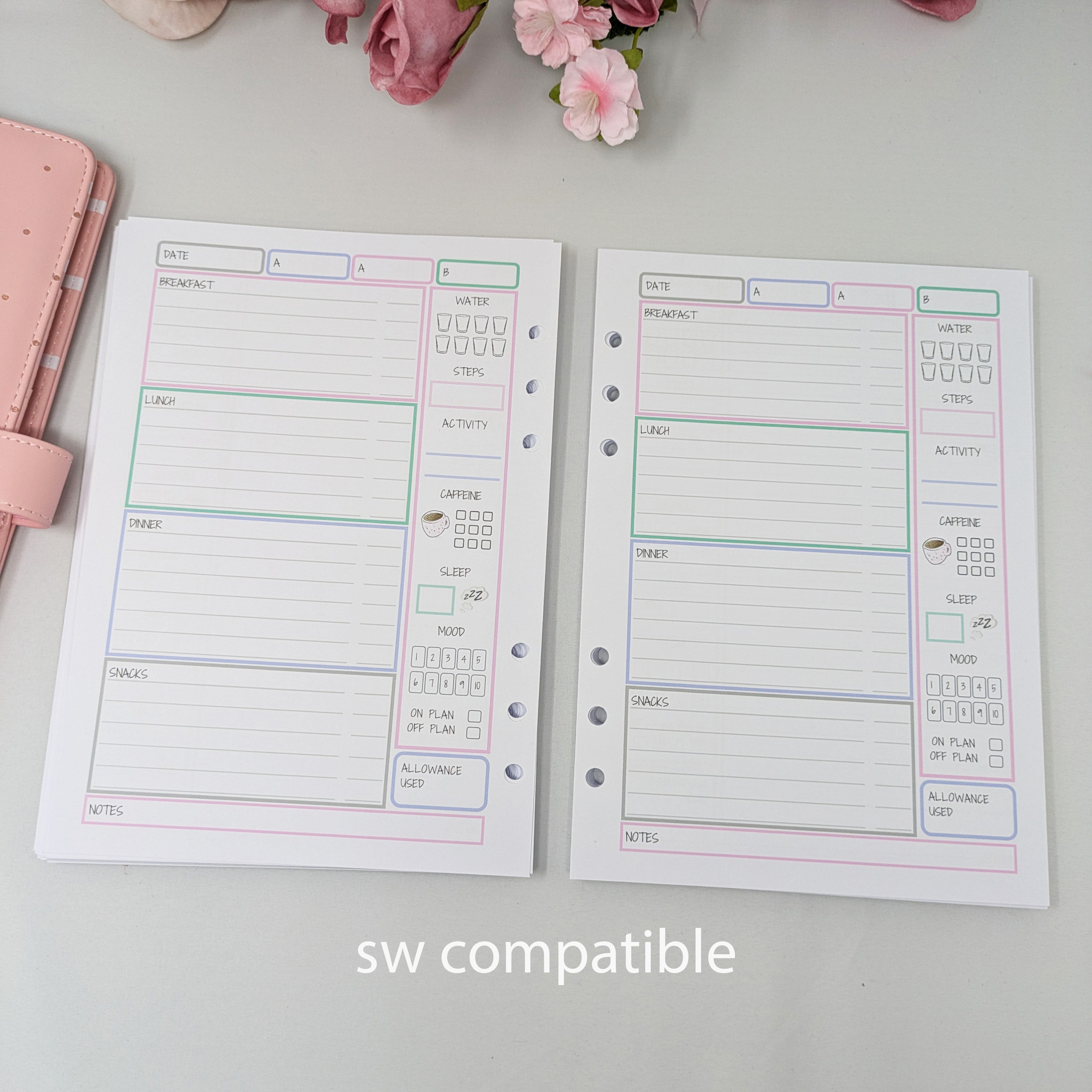 Pastel Food Diary Planner Inserts - Self Care - A5 Inserts