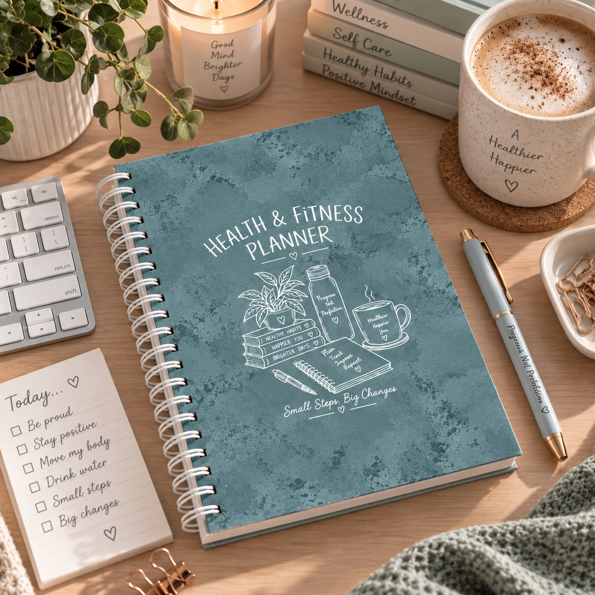 12 Month Health & Fitness Planner | A5 Hardback Spiral Bound Wellness Journal & Habit Tracker