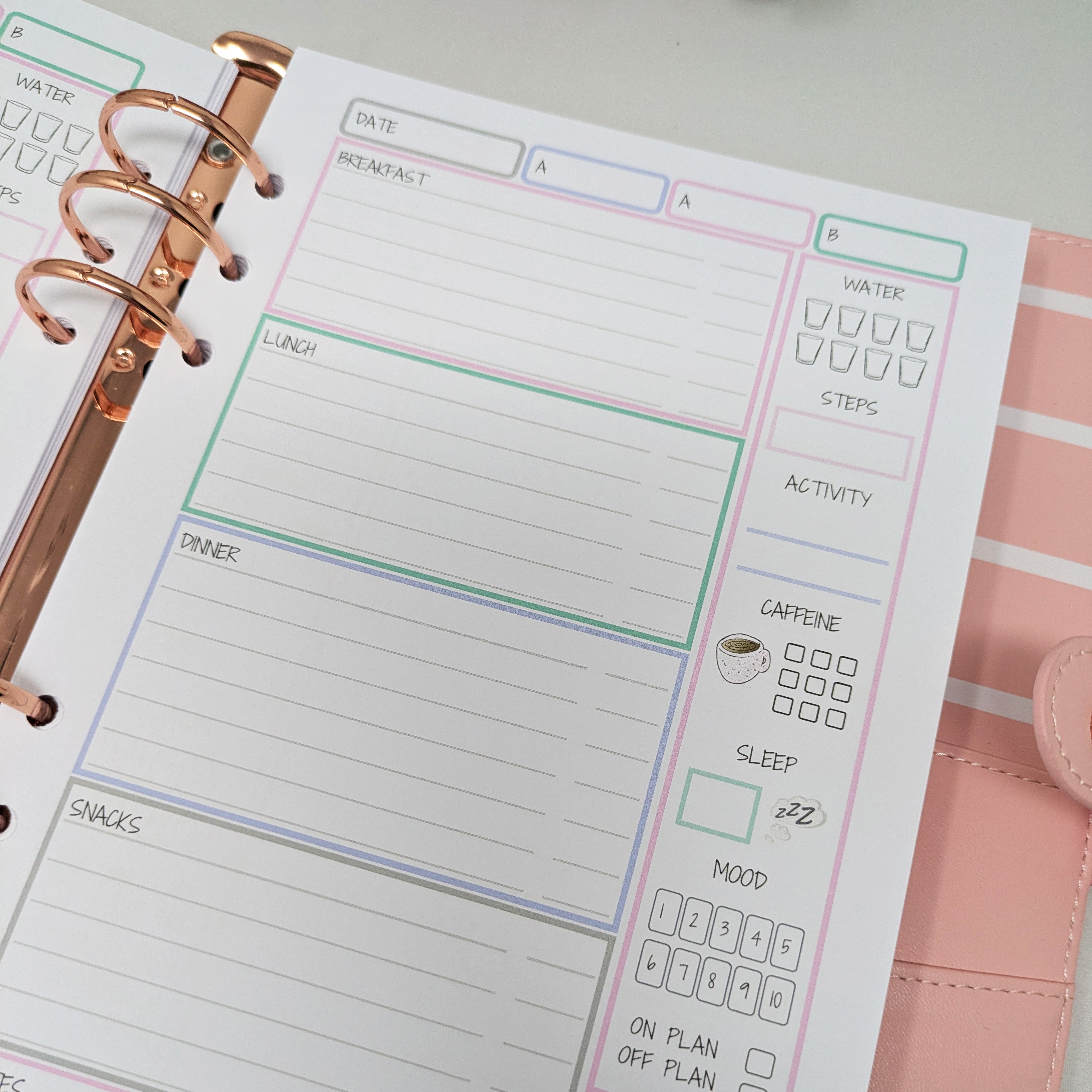 Pastel Food Diary Planner Inserts - Self Care - A5 Inserts