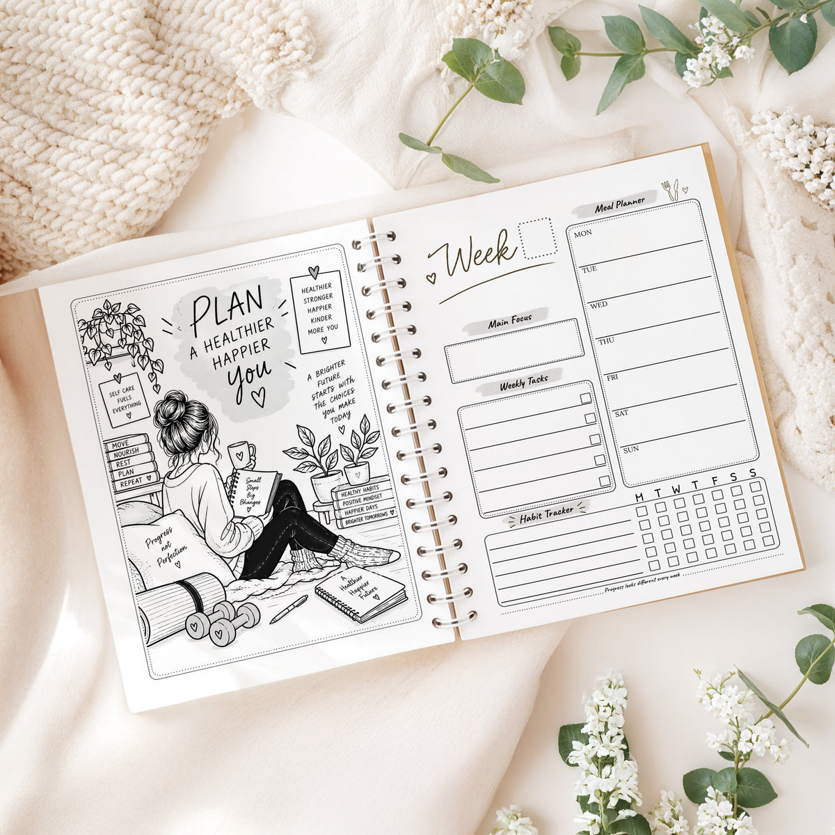12 Month Health & Fitness Planner | A5 Hardback Spiral Bound Wellness Journal & Habit Tracker