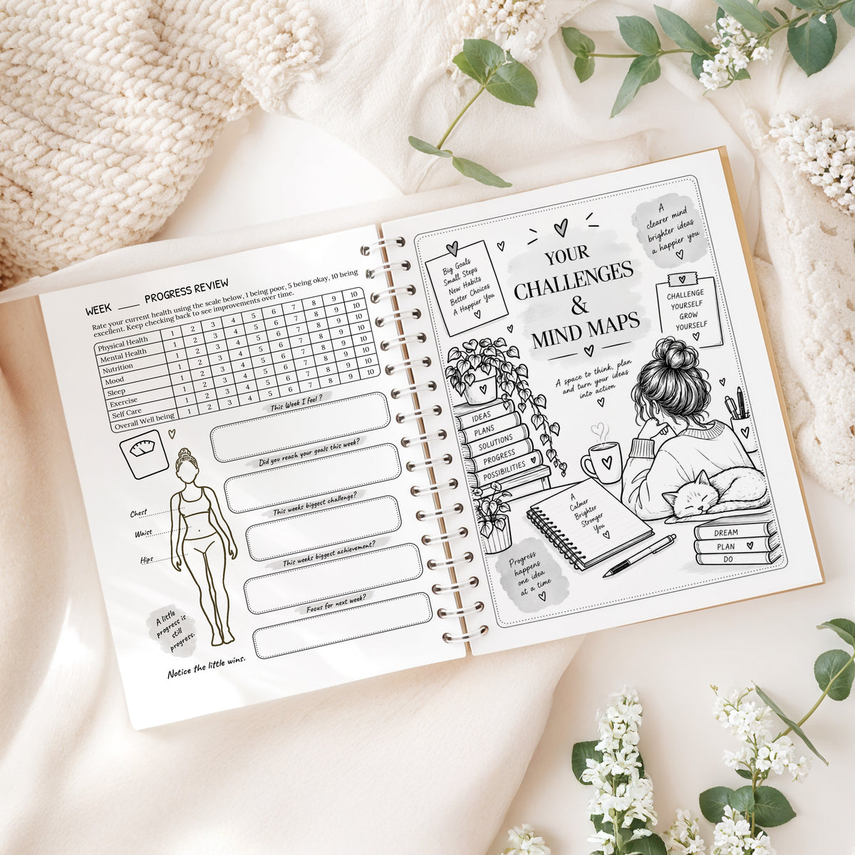 12 Month Health & Fitness Planner | A5 Hardback Spiral Bound Wellness Journal & Habit Tracker