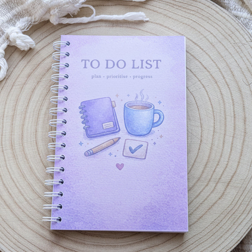 Purple spiral-bound notebook titled 'To Do List' on a wooden surface